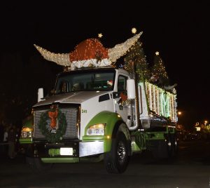 white and green 18 wheeler with christmas hat